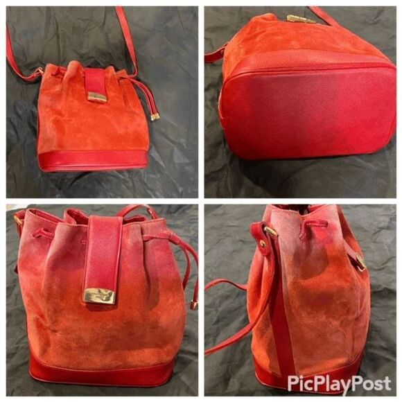 Authentic Vintage Courreges Red Suede Leather Draw String Bucket Bag Purse - Picture 3 of 16